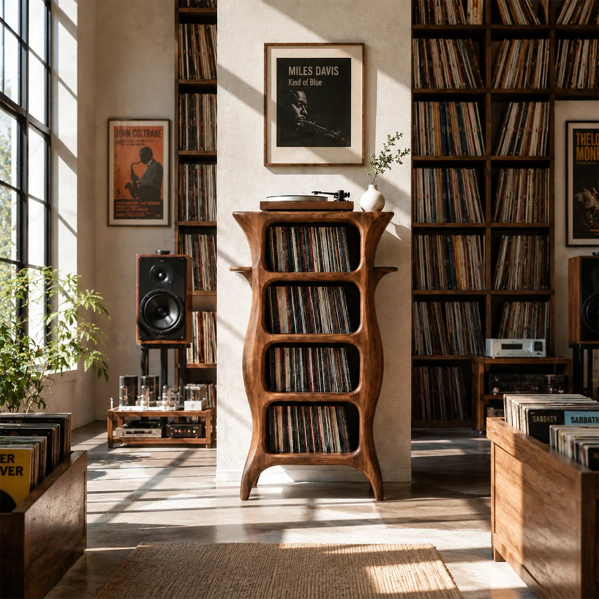 Slim LP storage cabinet designed for turntables and organized vinyl record collections