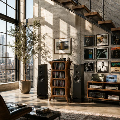 Contemporary vinyl organizer with vertical record storage and dedicated turntable platform
