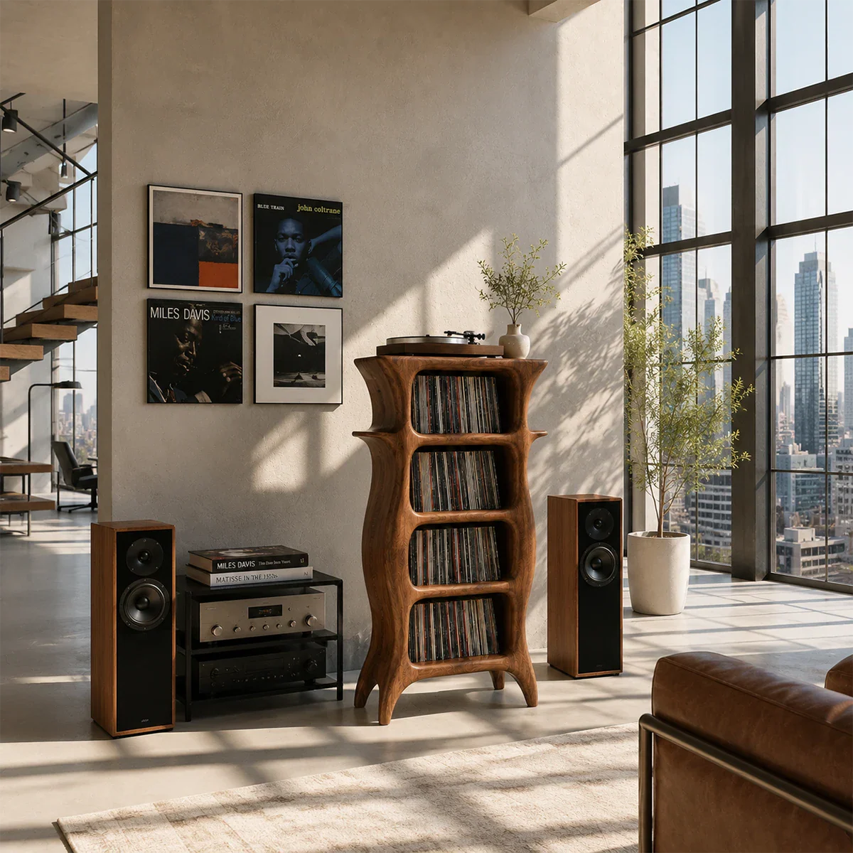 Tall audiophile record storage stand offering open shelves for LP albums and playback gear