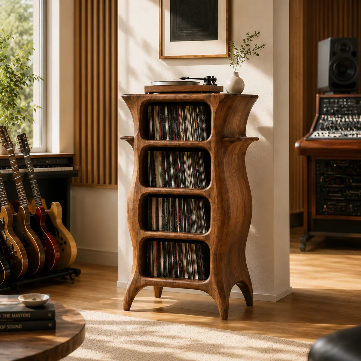 Sculptural music storage cabinet combining turntable display and vertical vinyl shelving