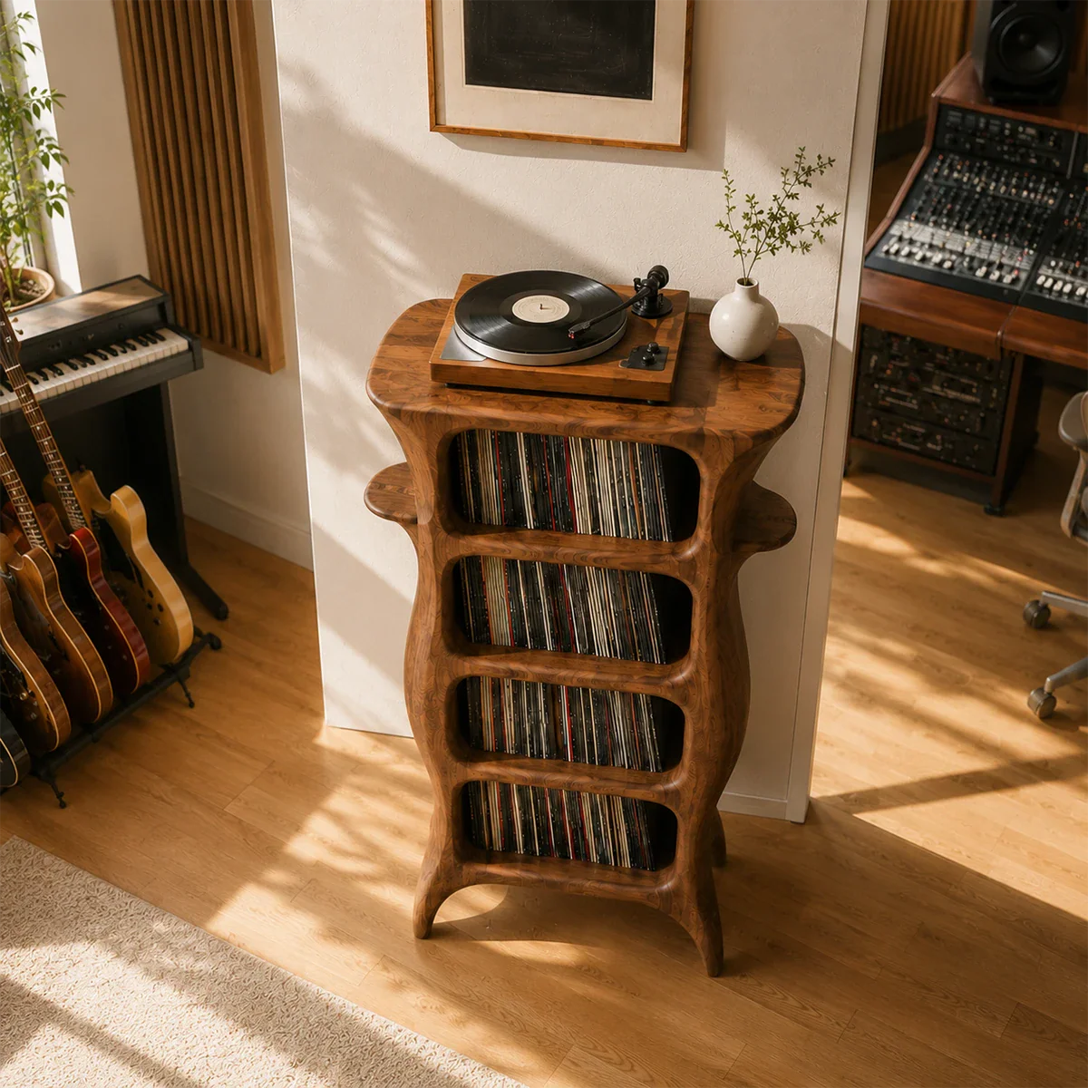 Elegant LP record stand with space-saving design for albums and audio listening systems