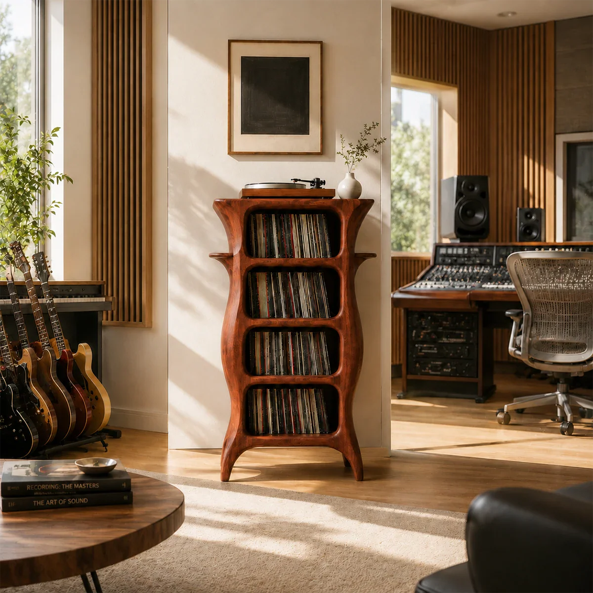 Minimalist turntable furniture with stacked vinyl storage and rounded open compartments