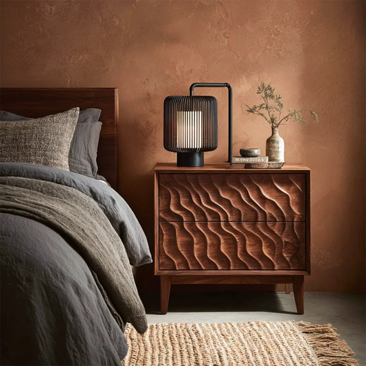 Vertical wave textured nightstand featuring sculpted drawer fronts and smooth walnut tone finish