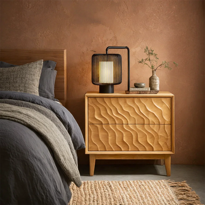 Minimalist bedside cabinet featuring structured vertical pattern and elegant oak tone finish
