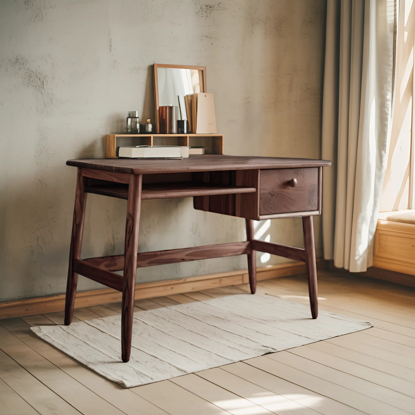 Minimalist Wooden Desk With Drawer And Keyboard Shelf For Home Office