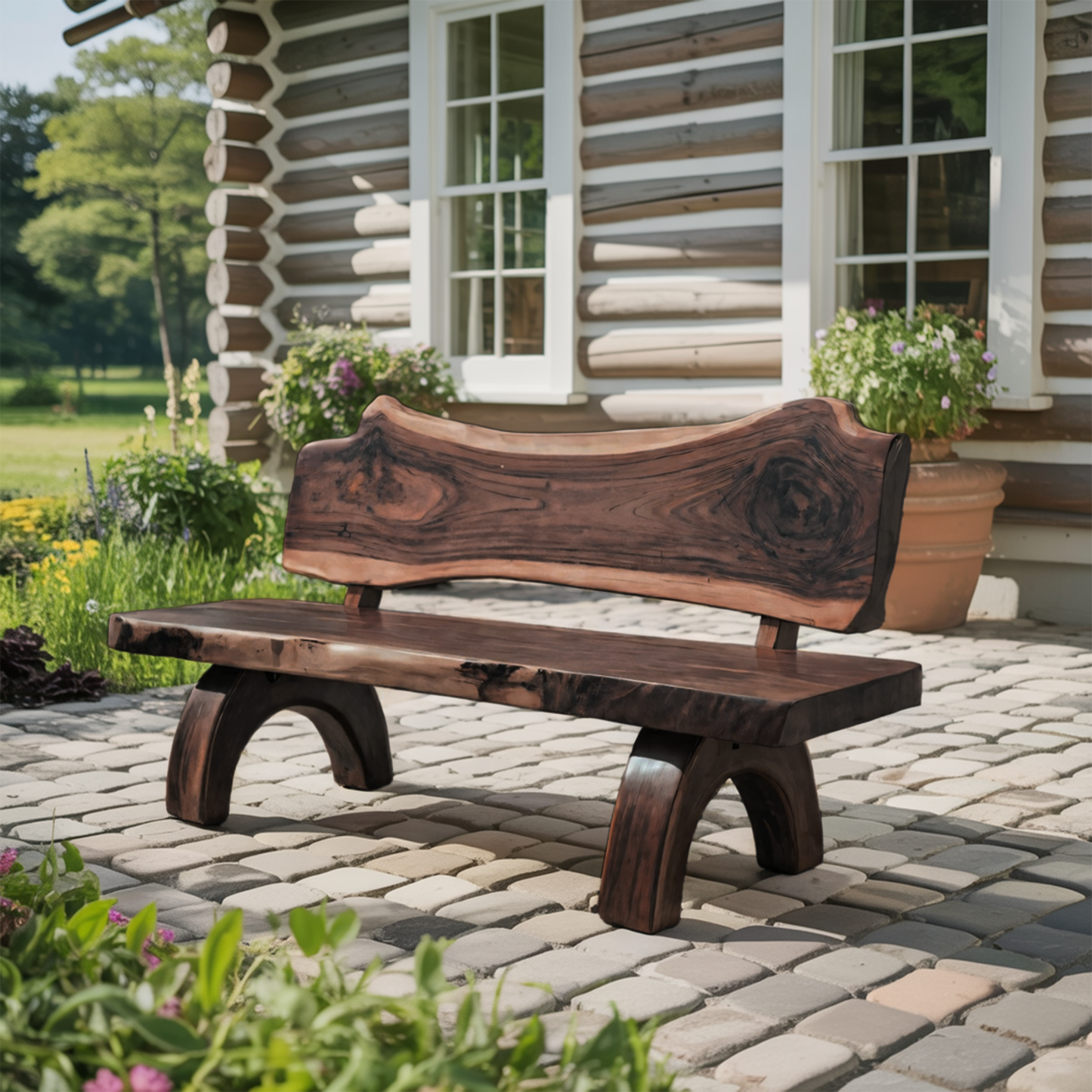 Rustic Live Edge Bench With Backrest For Patio Garden Courtyard