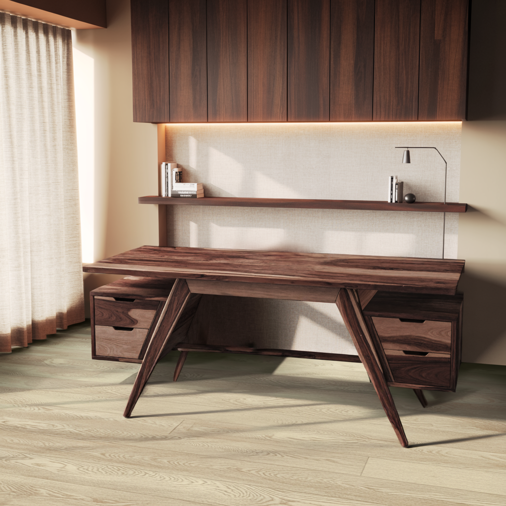 Modern Executive Wooden Desk With Angled Legs And Drawers For Home Office