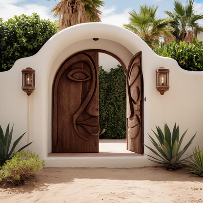 Artistic Face Carved Entry Door For Villa Entrance