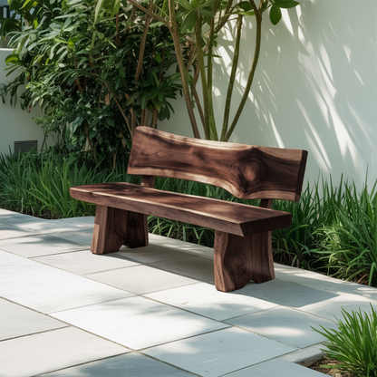 Contemporary Outdoor Wood Bench With Sculpted Back For Patio Or Courtyard