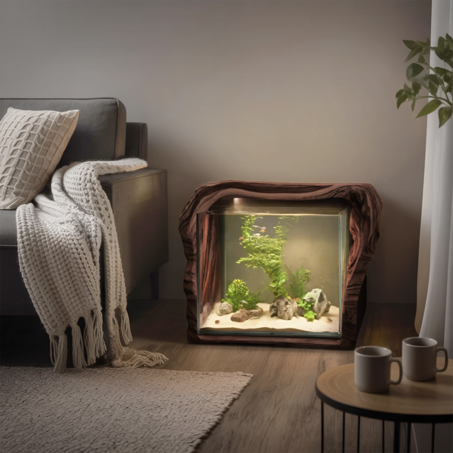 Rustic Live Edge Aquarium Stand With Glass Tank For Bedroom And Living Room