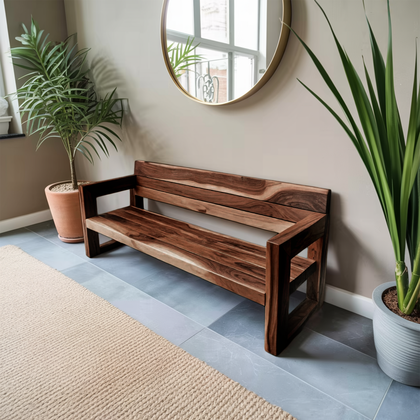 Modern Solid Wood Outdoor Bench With Armrests For Garden Or Entryway