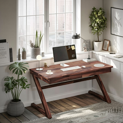 Modern Z Leg Wooden Writing Desk With Drawers For Home Office Or Studio