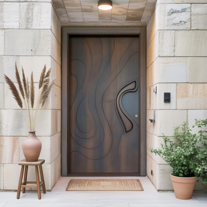 Modern Sculpted Front Door With Carved Design For Contemporary Entryway And Home