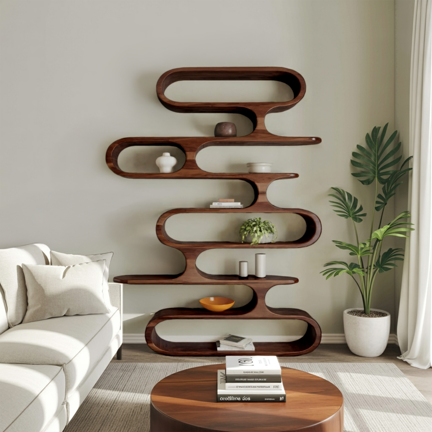 Mid Century Modern Wall Shelf With Flowing Shape For Living Room And Office
