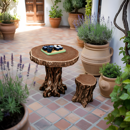Rustic Tree Trunk Outdoor Table And Stump Seat For Garden And Patio
