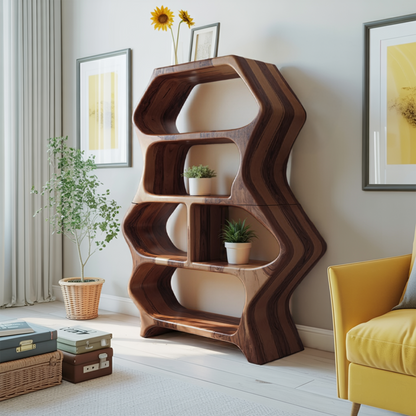 Sculptural Bookshelf With Organic Carved Display For Living Room And Office