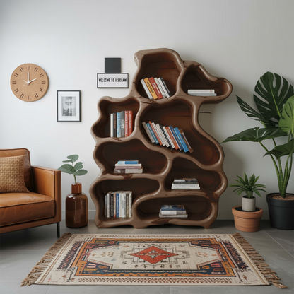Organic Modern Bookshelf With Carved Design For Living Room And Home Library
