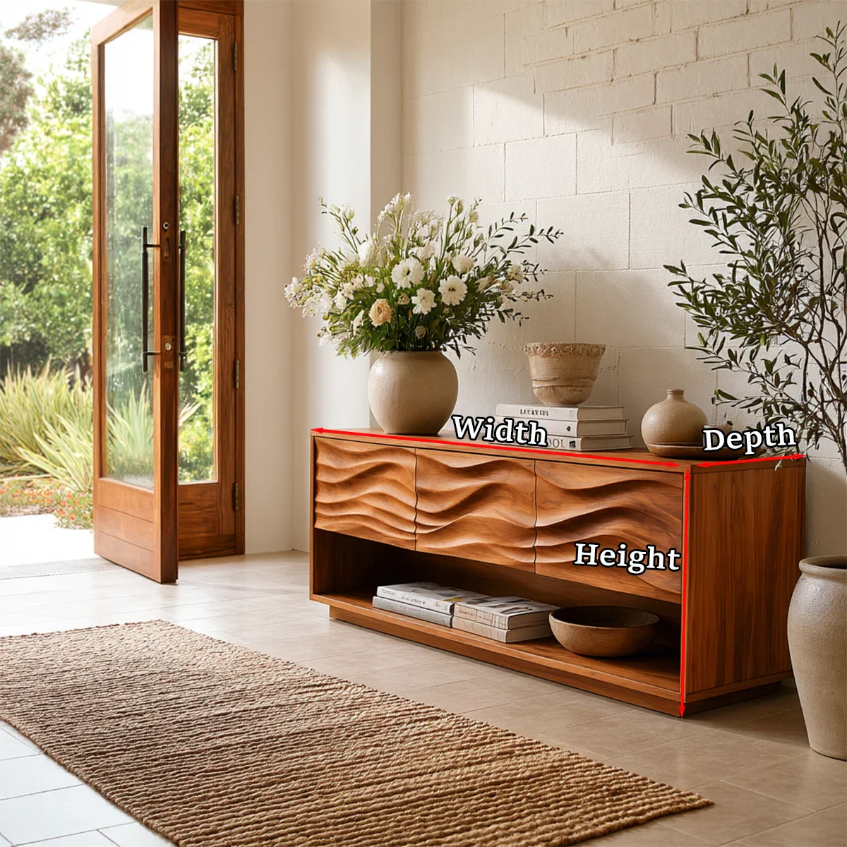 Statement entry console featuring textured drawer fronts and spacious open storage shelf