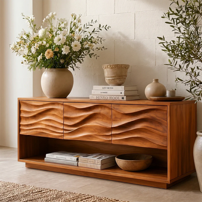Elegant hallway table with textured drawer fronts and open shelf storage for décor display