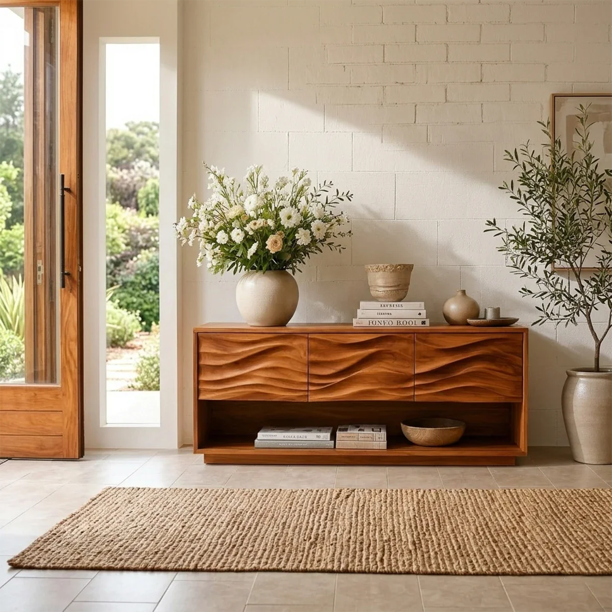 Thoughtfully crafted console cabinet with decorative wave texture and display shelving