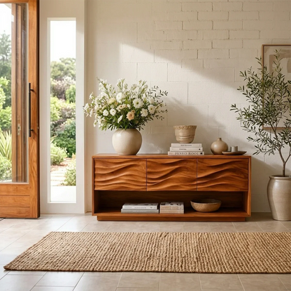 Thoughtfully crafted console cabinet with decorative wave texture and display shelving