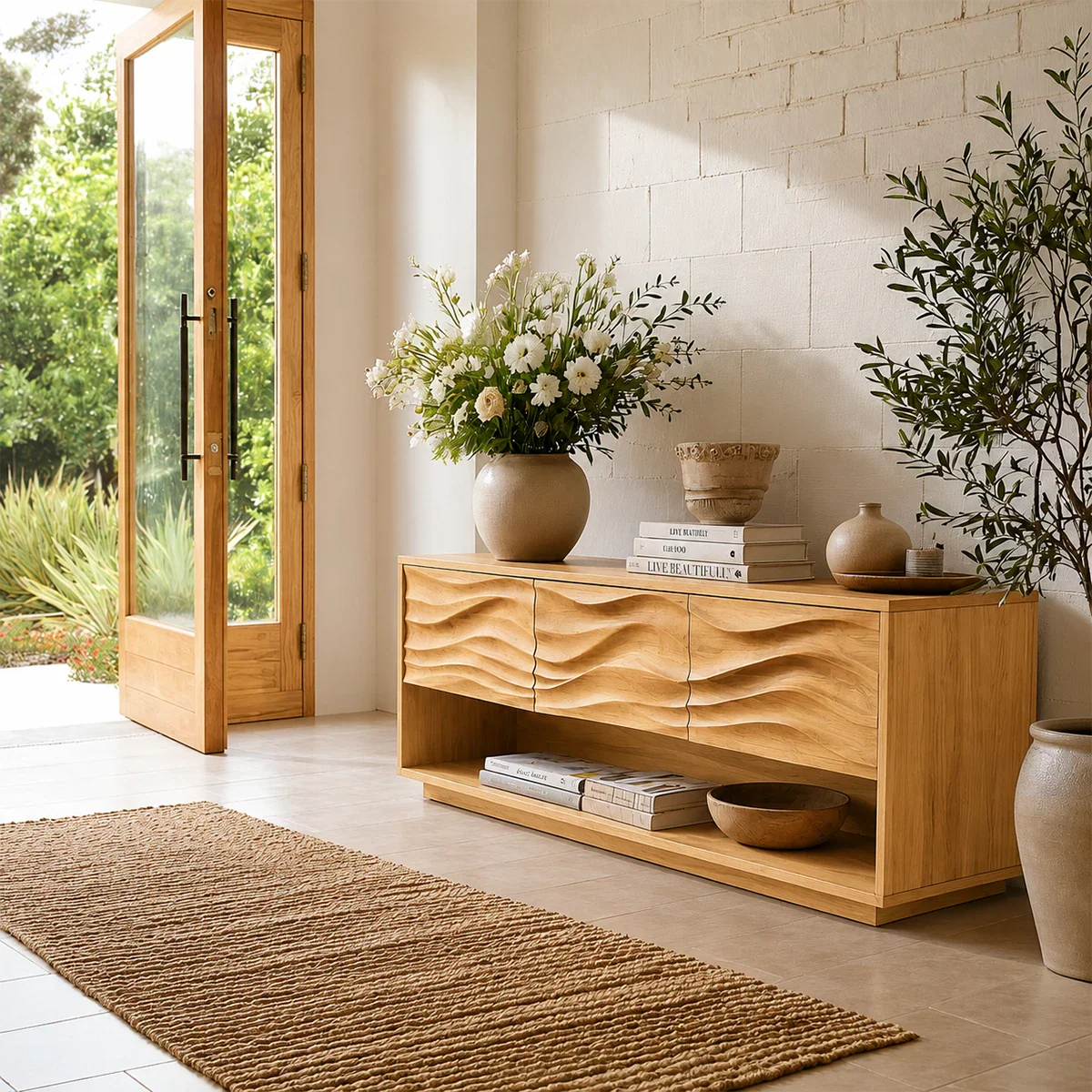 Stylish console table with sculpted wave pattern and accessible lower shelf organization