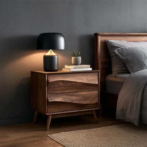 Modern wave front nightstand featuring sculpted drawer panels and smooth walnut tone finish bedside décor