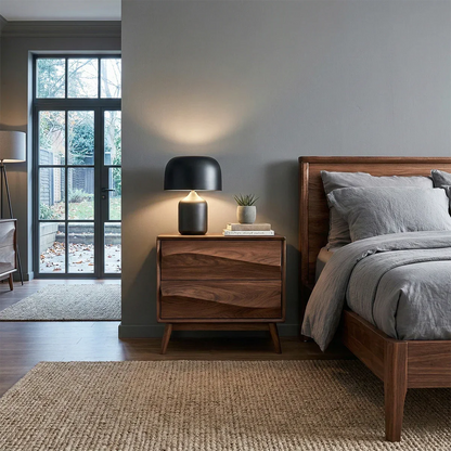 Contemporary bedside table showcasing flowing drawer texture and refined walnut tone finish detail