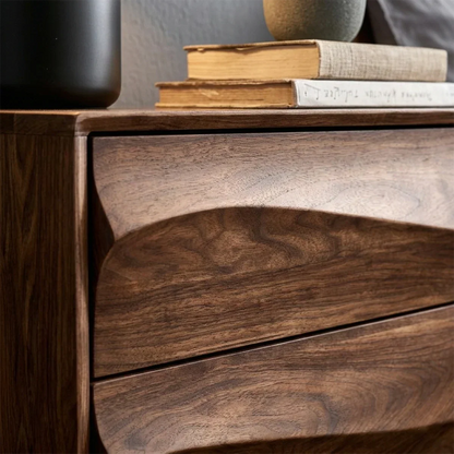 Stylish bedside cabinet displaying organic wave pattern and polished walnut tone finish appearance