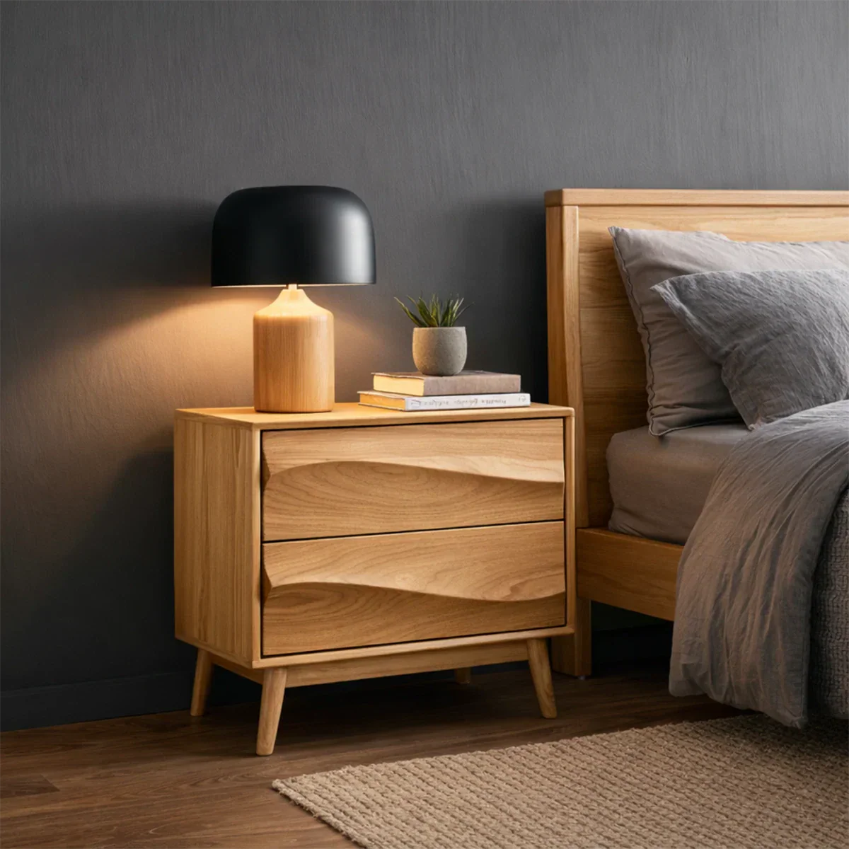Luxury bedroom nightstand showcasing dimensional drawer design and refined oak tone finish