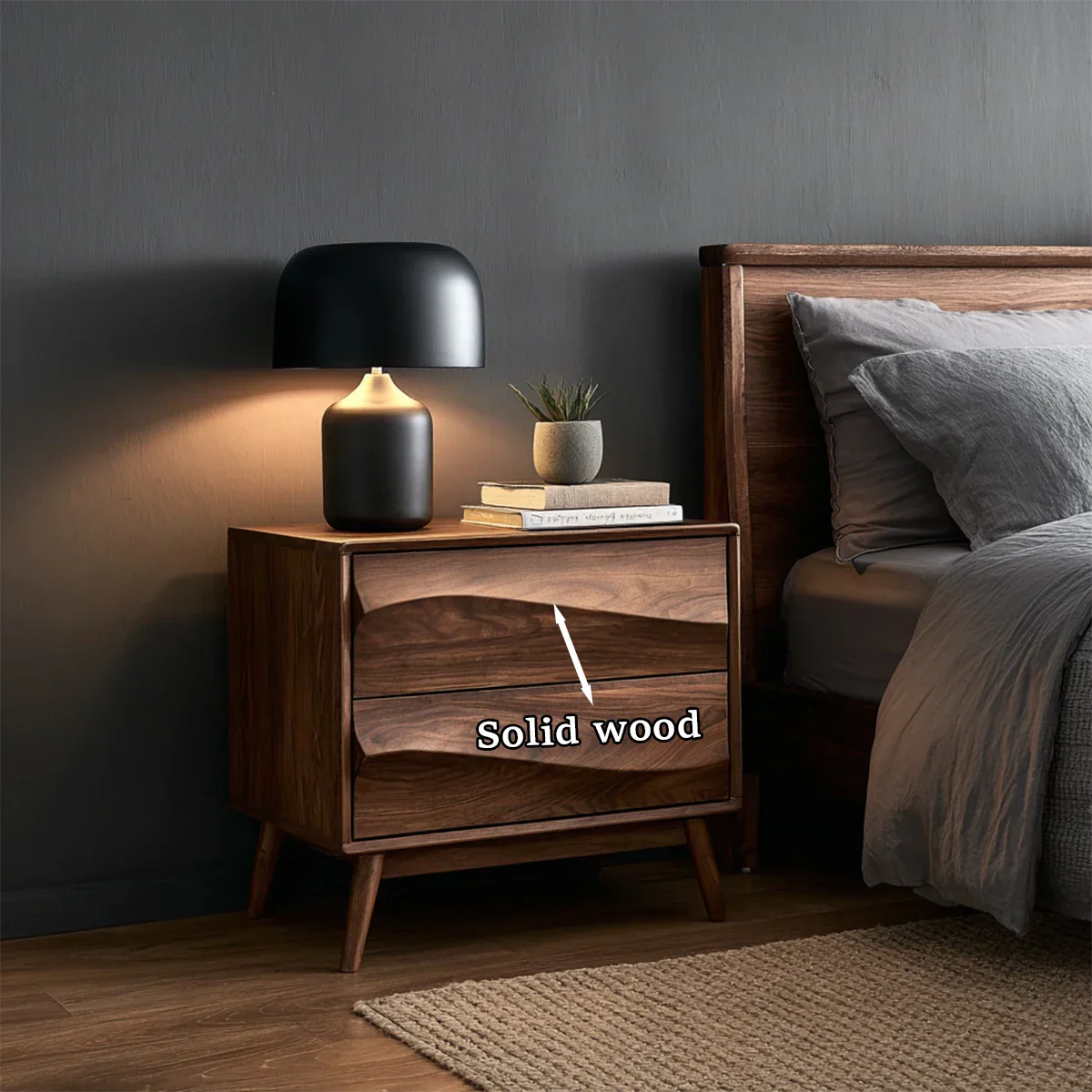 Functional bedroom side table designed with modern wave styling and smooth walnut tone finish