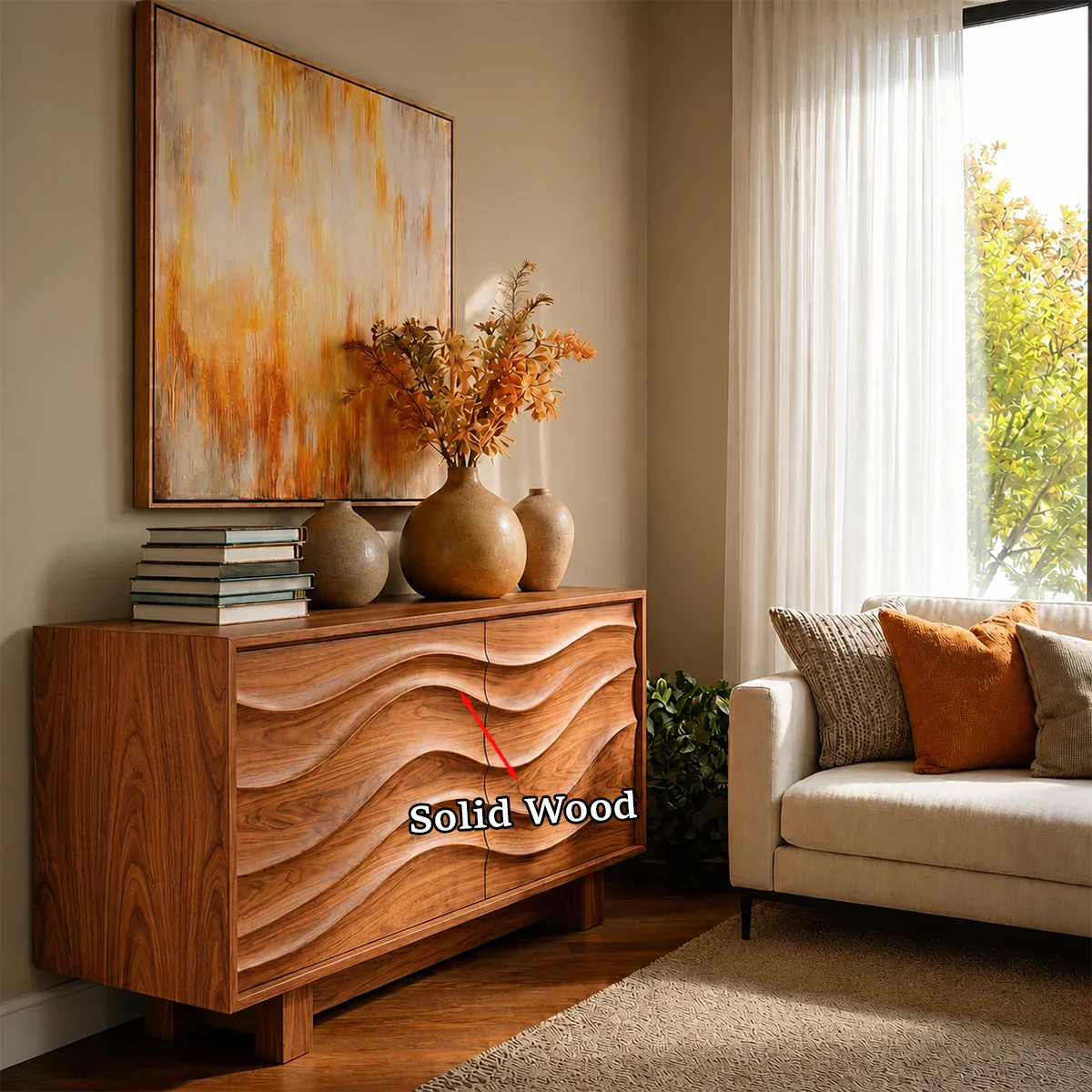 Modern dining room sideboard with artistic wave detailing and clean form