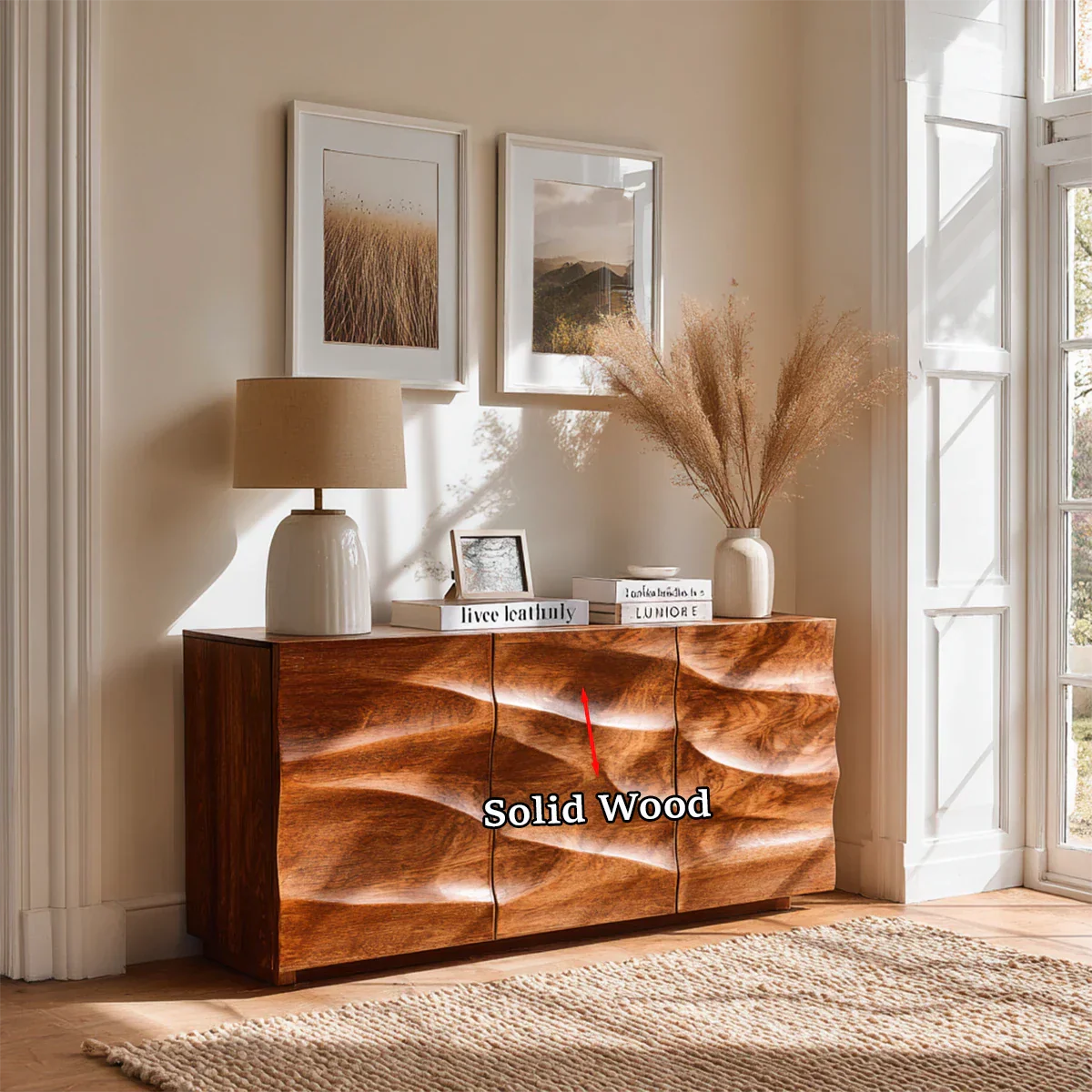 Contemporary credenza sideboard with dimensional wave texture and elegant storage space