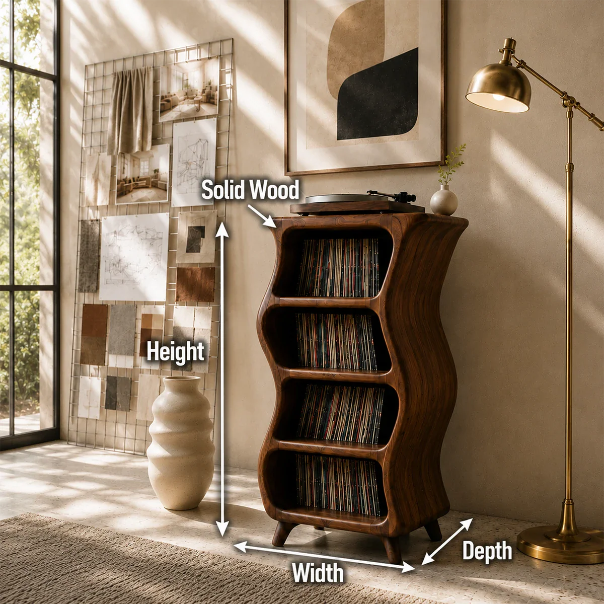Designer LP record organizer featuring space-saving storage and turntable presentation
