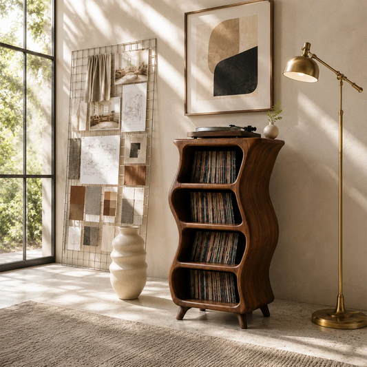 Wave-profile vinyl record storage tower with turntable shelf and four open LP compartments