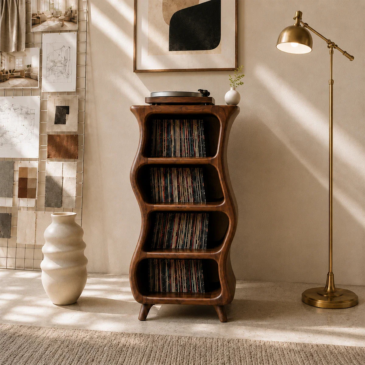 Vertical music storage cabinet built for vinyl records and dedicated turntable placement