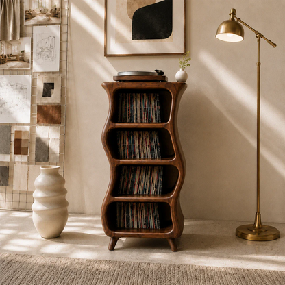 Vertical music storage cabinet built for vinyl records and dedicated turntable placement