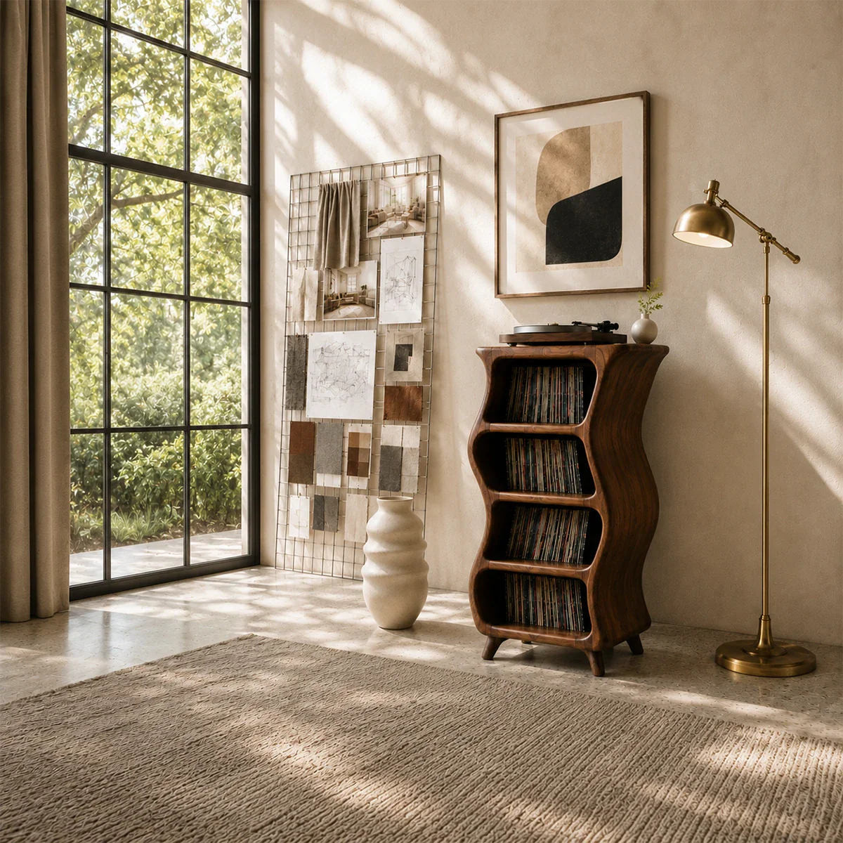 Sculptural record player stand featuring vertical vinyl storage and compact listening station