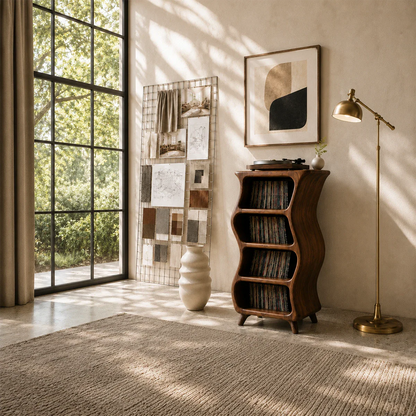 Sculptural record player stand featuring vertical vinyl storage and compact listening station