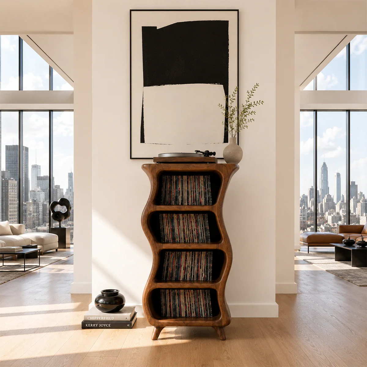 Contemporary LP storage furniture with rounded shelves for albums and turntable display