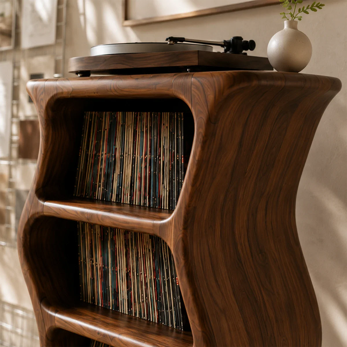 Premium record storage tower with integrated turntable platform and open album shelving