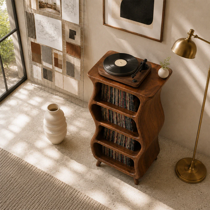 Curved vinyl media cabinet offering vertical LP organization and audio display surface