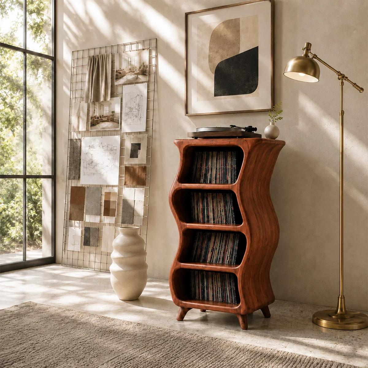 Modern audiophile storage stand with dedicated turntable top and spacious record shelving