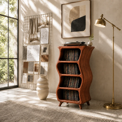 Modern audiophile storage stand with dedicated turntable top and spacious record shelving