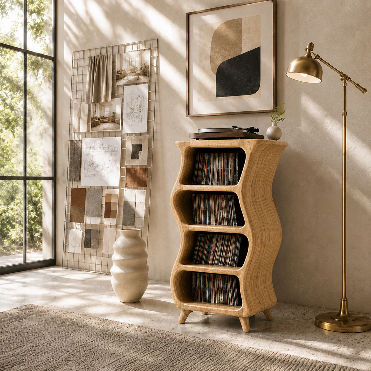 Artistic record display furniture combining compact LP storage and sculptural modern styling