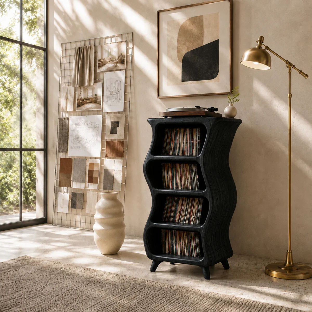 Minimalist vinyl collection tower with open compartments for albums and playback equipment