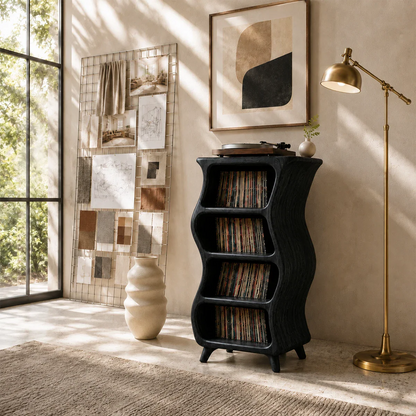 Minimalist vinyl collection tower with open compartments for albums and playback equipment
