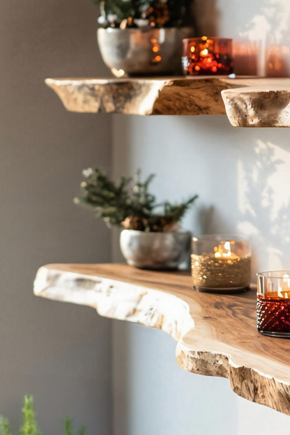 Mid Century Wooden Floating Shelf For Cozy Christmas Bedroom Setup