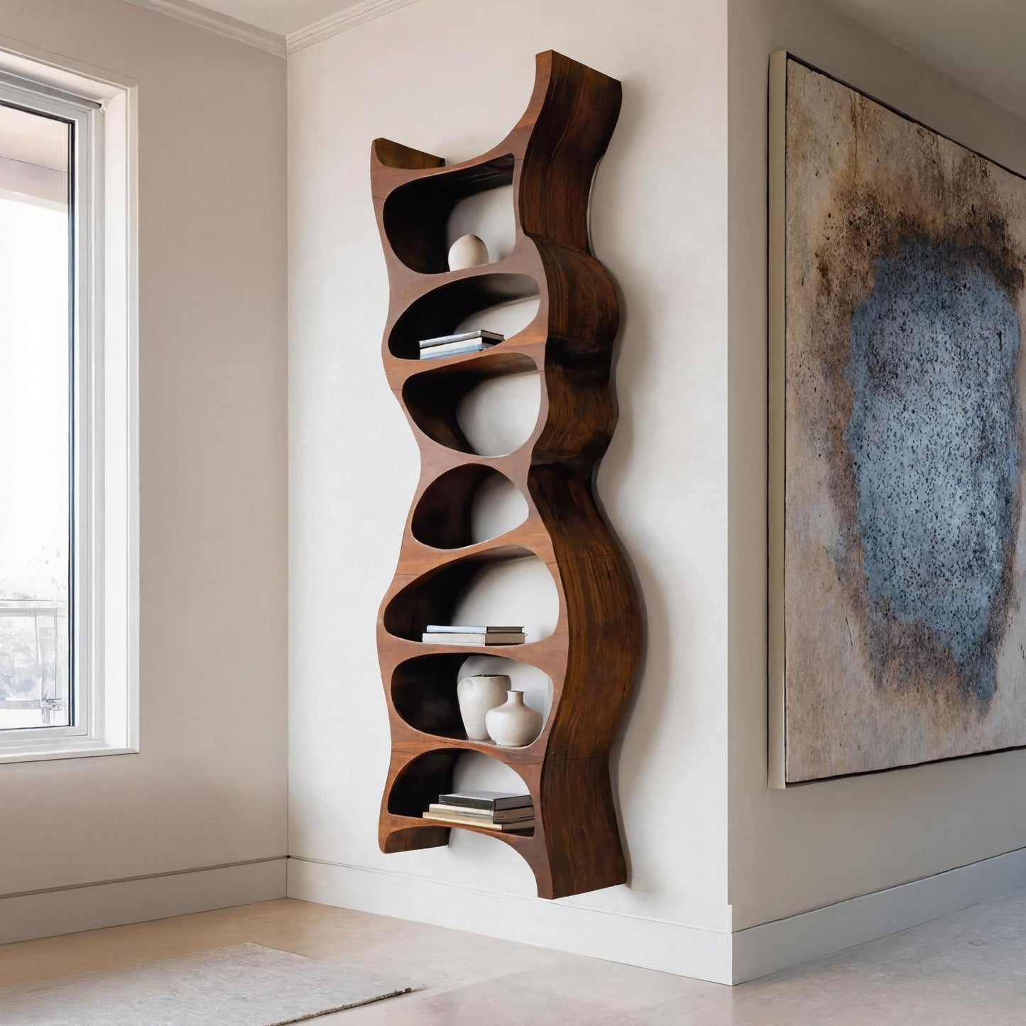 Tall Sculptural Wall Mounted Bookshelf For Living Room